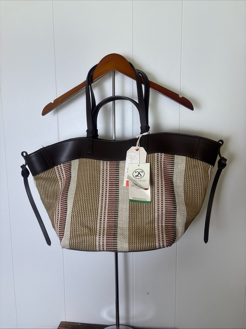 Divina Firenze Woven Leather Shopper Tote Brown Stripe Made in Italy Boho New